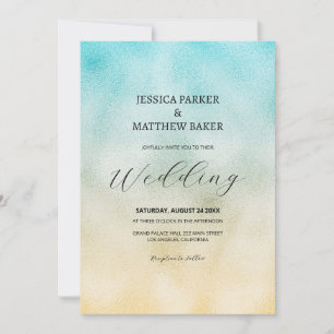 Invitation Mariage ombré or et aqua sous feuille