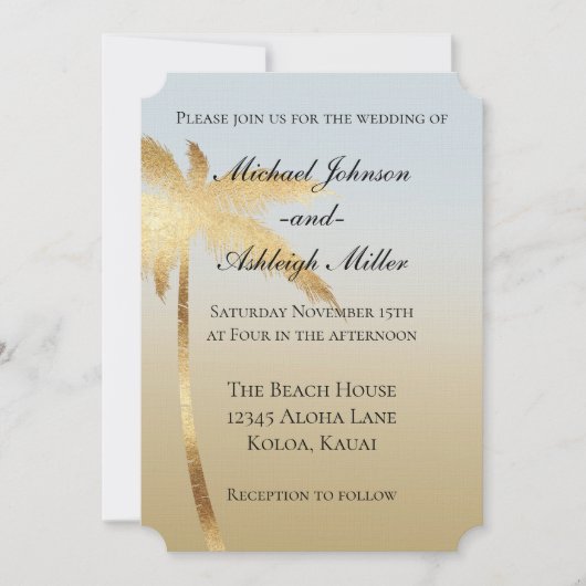 Invitation Mariage ombré palmier or bleu (Devant)