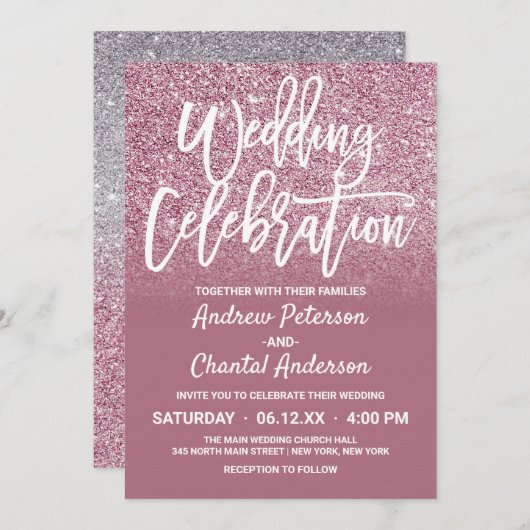 Invitation Mariage Ombre Parties scintillant Cassis rose Arge (Devant / Derrière)