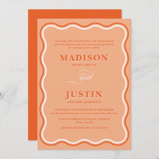 Invitation Mariage ondulé rétro Orange Peach (Devant / Derrière)