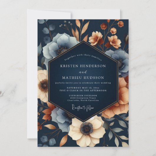 Invitation Mariage Opulence Florale Automnale Navy (Devant)