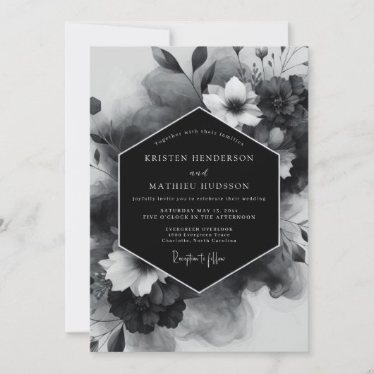 Invitation Mariage Opulent à Fleurs Noires (Devant)