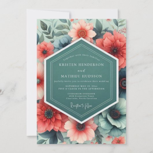 Invitation Mariage Opulent à la Flore de Corail Sarcelle (Devant)