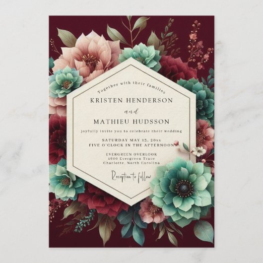 Invitation Mariage opulent à la flore sarcelle (Devant)