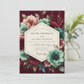 Invitation Mariage opulent à la flore sarcelle (Debout devant)