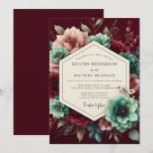 Invitation Mariage opulent à la flore sarcelle (Devant / Derrière)