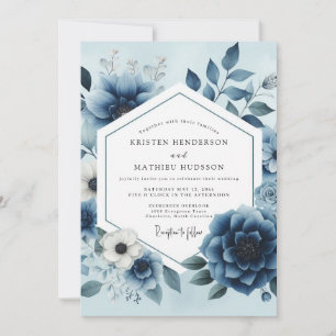 Invitation Mariage Opulent aux Fleurs Bleu Poussiéreux