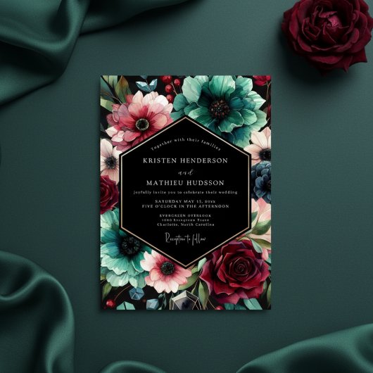 Invitation Mariage Opulent aux Fleurs de Teinte Turquoise