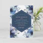 Invitation Mariage Opulent Fleur Bleu Profond (Debout devant)