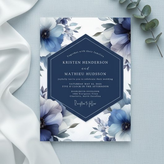 Invitation Mariage Opulent Fleur Bleu Profond