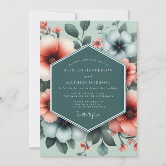 Invitation Mariage Opulent Fleur de Corail Sarcelle (Devant)