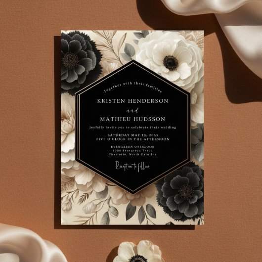 Invitation Mariage Opulent Fleur Noir Crème