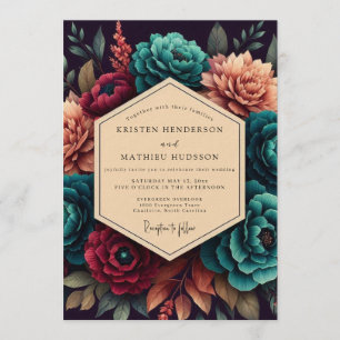 Invitation Mariage Opulent Fleurie Rouge Cramoisi & Sarcelle