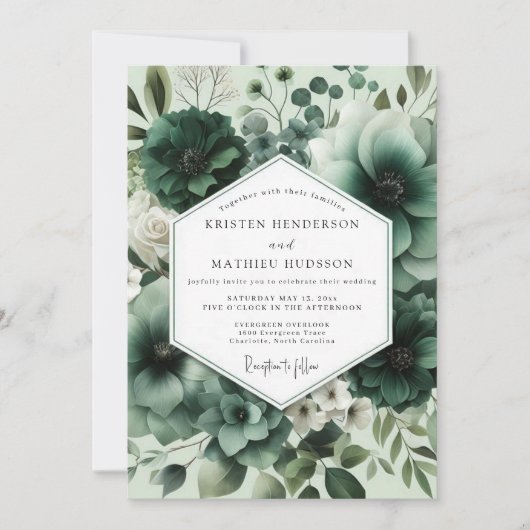 Invitation Mariage Opulent Fleurs Vert Profond (Devant)