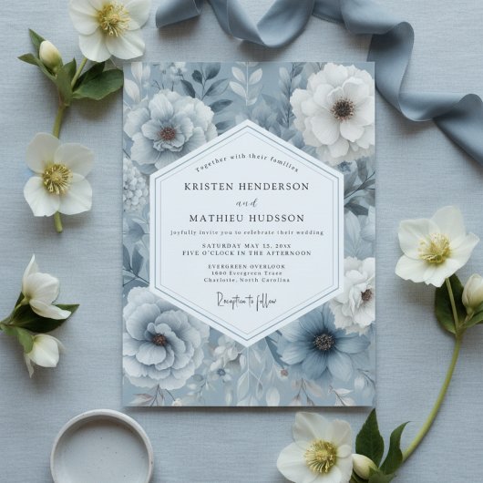 Invitation Mariage Opulent Floral Bleu Ardoise