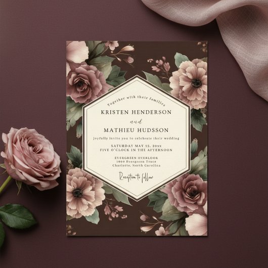 Invitation Mariage Opulent Floral Prune Profond