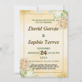 Invitation Mariage or avec aquarelle crème fleurs blanches (Devant)