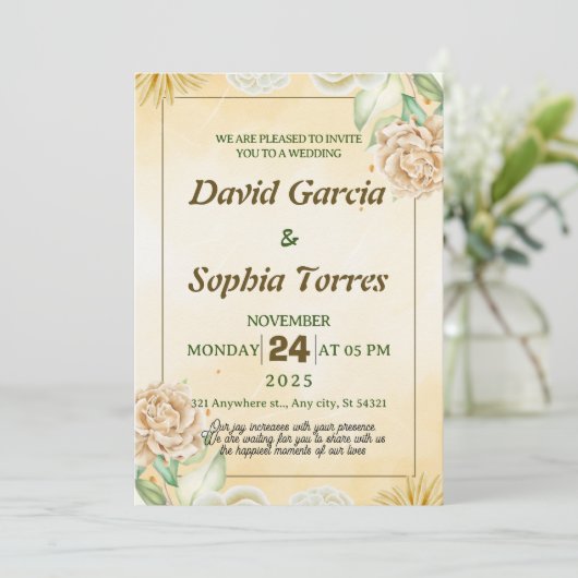Invitation Mariage or avec aquarelle crème fleurs blanches (Debout devant)