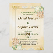Invitation Mariage or avec aquarelle crème fleurs blanches (Devant / Derrière)