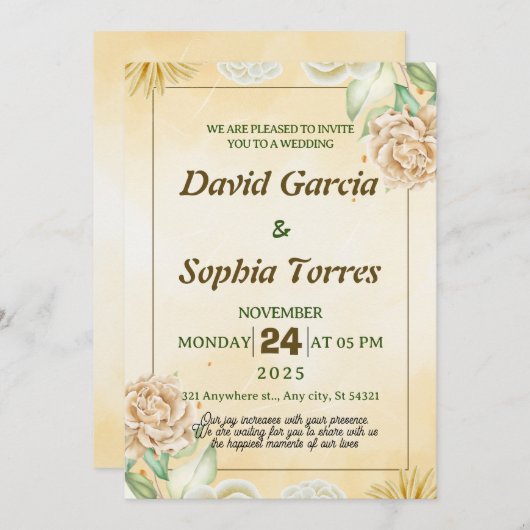 Invitation Mariage or avec aquarelle crème fleurs blanches (Devant / Derrière)