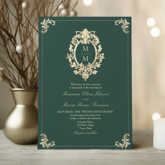 Invitation Mariage Or Baroque Vert Emeraude