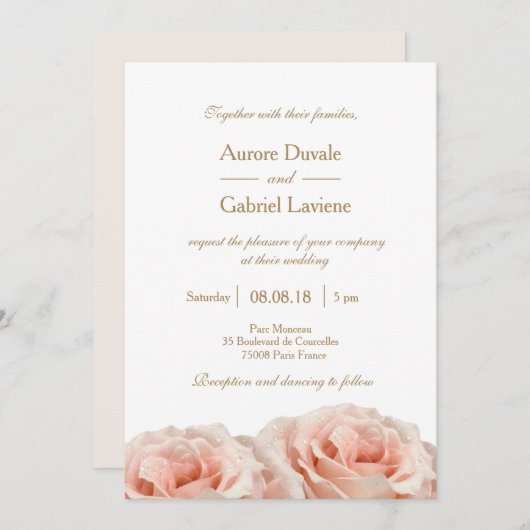 Invitation Mariage or blanc flou rose rose Rose (Devant / Derrière)