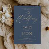 Invitation Mariage or bleu marine Typographie moderne Script