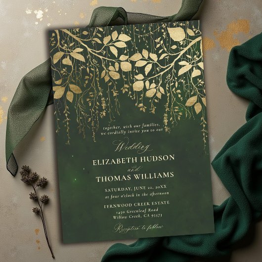 Invitation Mariage Or de Feuillage de Chasse Vert Forêt Encha