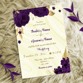 Invitation mariage or des fleurs violettes royales