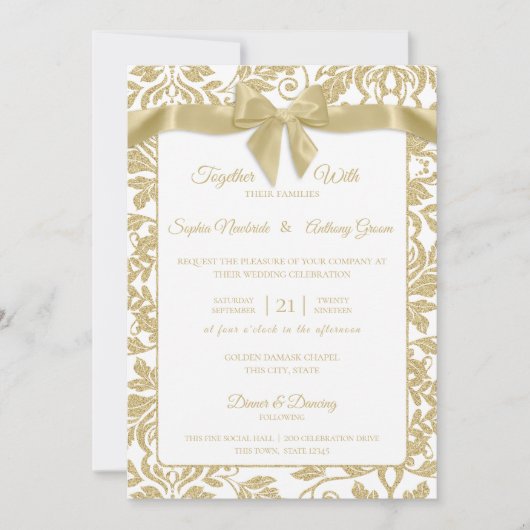 Invitation Mariage or et blanc Damask et Bow (Devant)