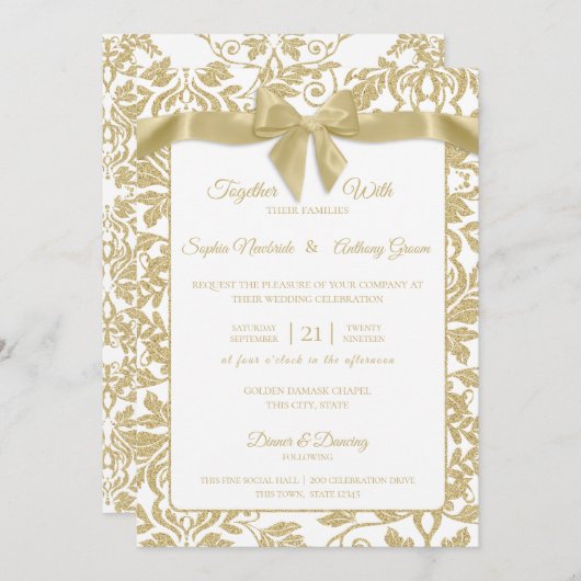 Invitation Mariage or et blanc Damask et Bow (Devant / Derrière)