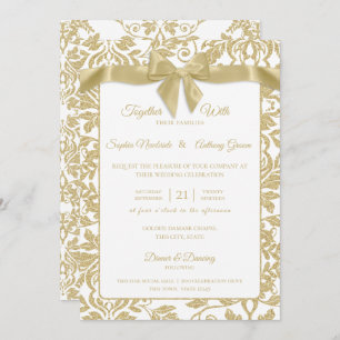 Invitation Mariage or et blanc Damask et Bow