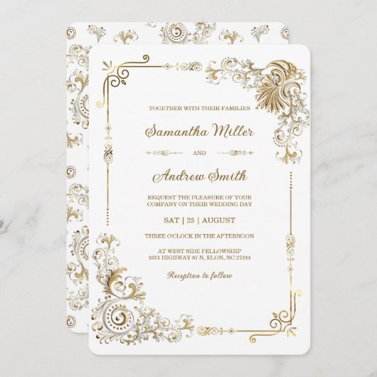 Invitation Mariage Or et blanc modifiable (Devant / Derrière)