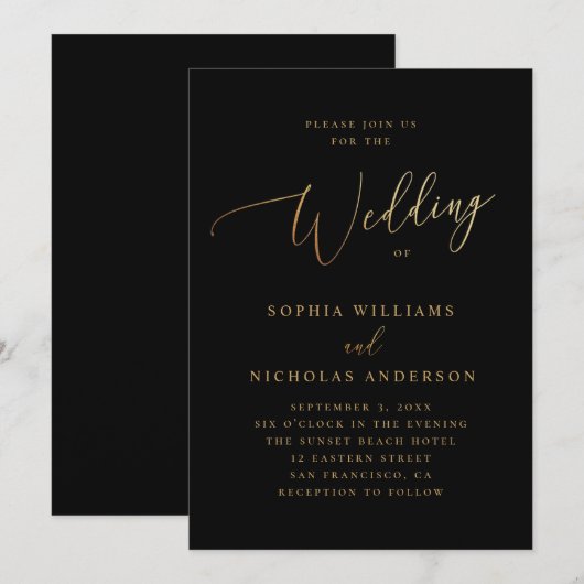 Invitation Mariage Or et Noir | Élégant Classique Script (Devant / Derrière)