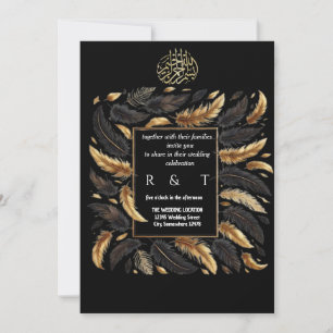 Invitation mariage or et plumes noires