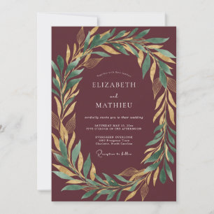Invitation Mariage Or Laurier Eucalyptus Bordeaux