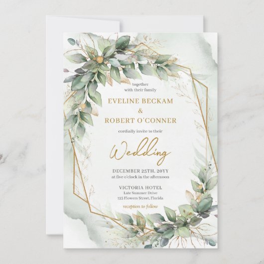 Invitation Mariage or luxueux eucalyptus vert aquarelle et or (Devant)