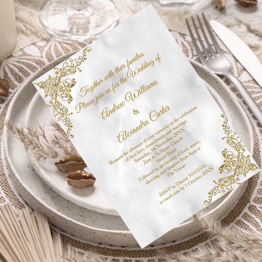Invitation Mariage or Marbre blanc perle argent