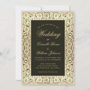 Invitation Mariage Or Noir Vintage Floral Élégant Script