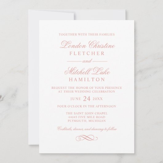 Invitation Mariage or Rose classique élégant (Devant)