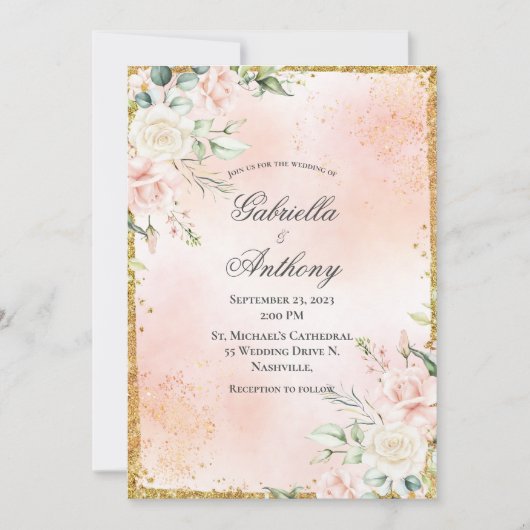 Invitation Mariage or rose floral (Devant)