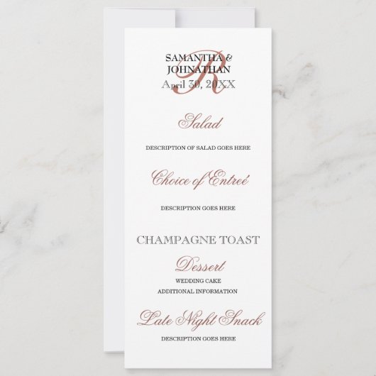 Invitation mariage or rose menu do-it-yourself dîner élégant (Devant)