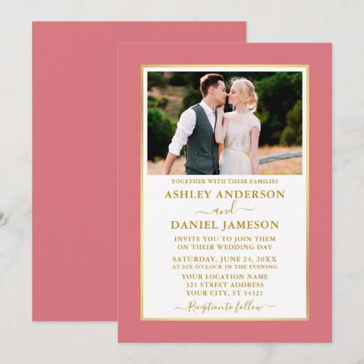 Invitation Mariage or Rose moderne élégant (Devant / Derrière)