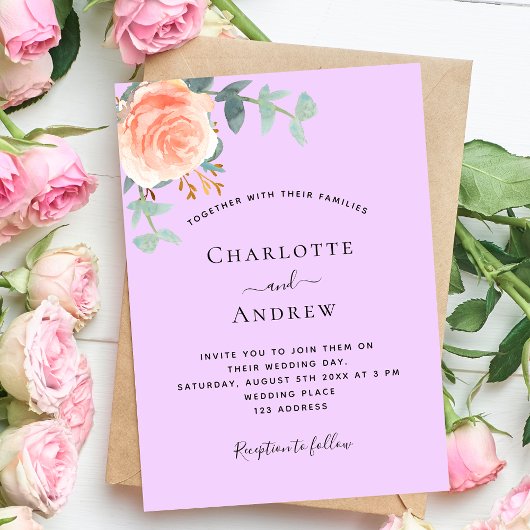 Invitation mariage or rose violet violet vert