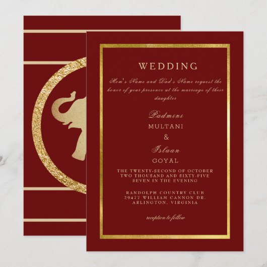 Invitation Mariage Or Royale Rouge Profond (Devant / Derrière)