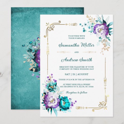 Invitation Mariage or Teal et or Violet modifiables (Devant / Derrière)