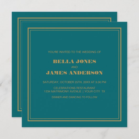 Invitation Mariage or Turquoise moderne (Devant / Derrière)