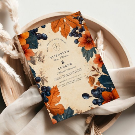 Invitation Mariage Orange Brûlé et Baies Navy