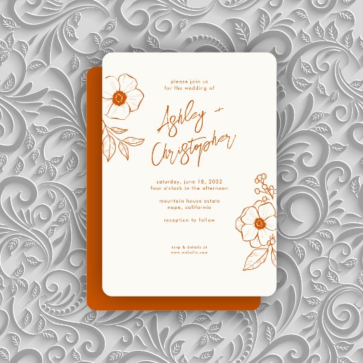 Invitation Mariage orange brulé végétal minimal