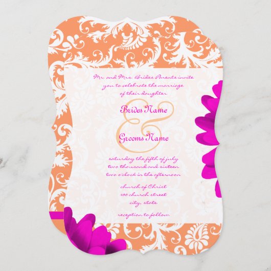 Invitation Mariage orange et Fuchsia rose Gerber Daisy (Devant / Derrière)